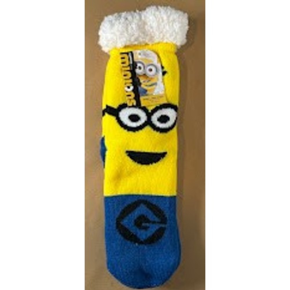 Minions Despicable Me Yellow Blue Fuzzy Sherpa Lined Non-Slip Slipper Socks NWT